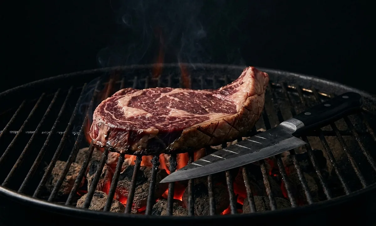 Bife grosso na grelha de brasa empenando pra cima nas pontas em formato de tigela, com a capa de gordura e a nervura da borda encolhendo e levantando os cantos, e uma faca ao lado com pequenos talhos rasos feitos na borda, em ambiente escuro