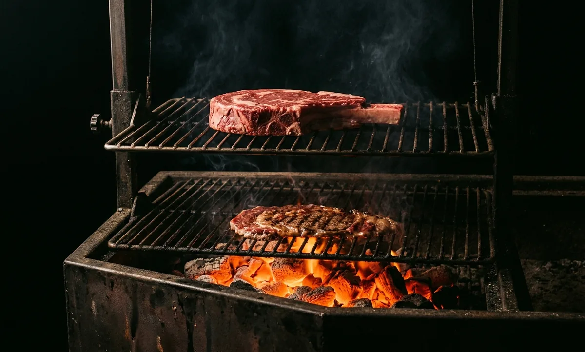Churrasqueira vista de lado com grade ajustável, um corte grosso de carne na grade levantada bem longe da brasa e uma fatia fina selando na grade baixa colada nas brasas alaranjadas, em ambiente escuro