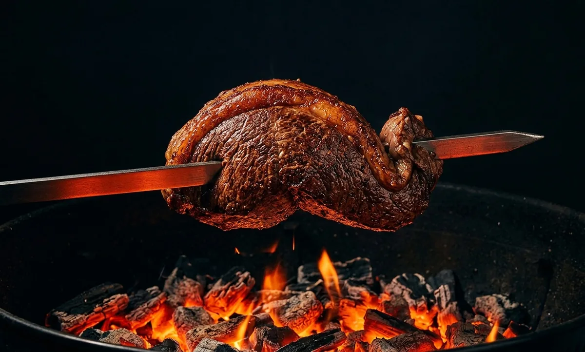 Espeto de lâmina larga e chata atravessando a parte mais grossa de uma picanha sobre a brasa, com a ponta fina da peça dobrada e presa no mesmo aço, em ambiente escuro