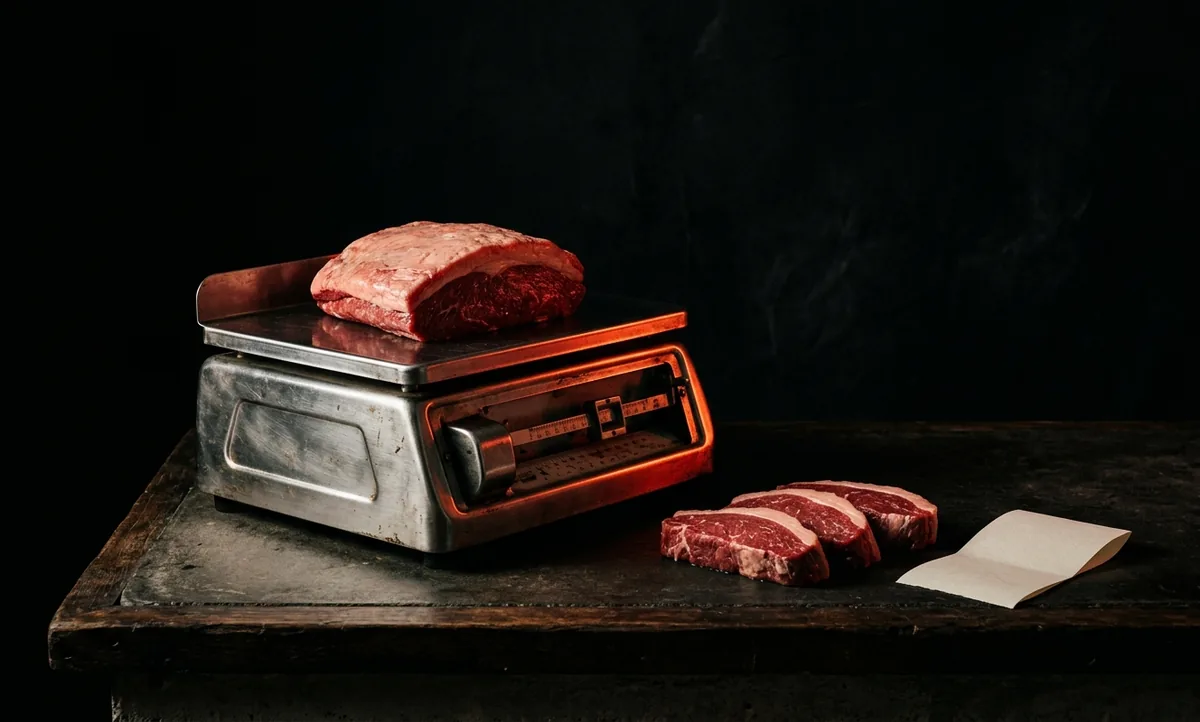 Balança de açougue sobre bancada escura com uma peça de carne limpa e porções cruas separadas ao lado, sob luz lateral quente em ambiente escuro