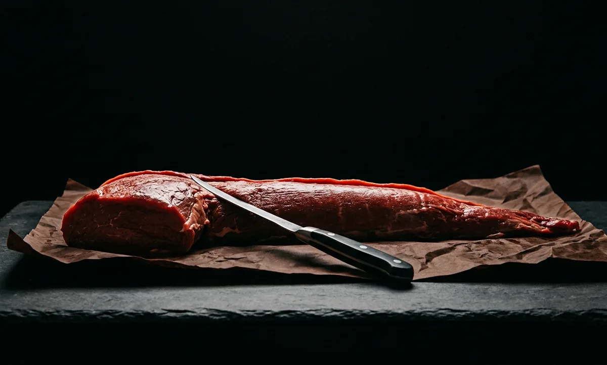 Peça inteira de filé mignon crua e esticada em papel de açougue escuro, vista de lado, mostrando cabeça grossa, miolo parelho e ponta fina, com faca de desossa apoiada sobre a carne
