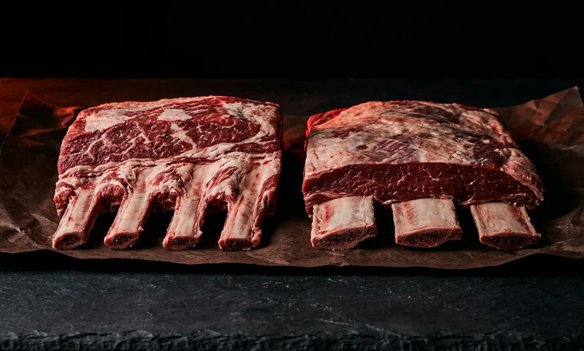 Duas peças de costela bovina crua lado a lado em papel de açougue escuro, vistas pela face serrada, uma com ossos estreitos e carne alta com veios de gordura, outra com ossos largos e chatos e uma lâmina fina de carne por cima