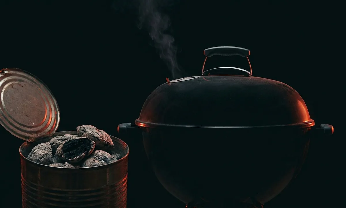 Churrasqueira com tampa e registros de ar fechados soltando um último fio de fumaça, ao lado de uma lata de metal aberta cheia de pedaços de carvão meio queimados, cinzentos por fora e pretos por dentro