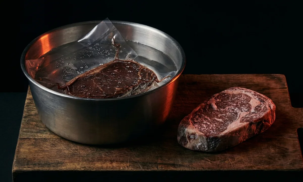 Peça de carne embalada a vácuo submersa numa bacia de água fria, ao lado de um bife congelado coberto de cristais de gelo sobre a tábua de madeira