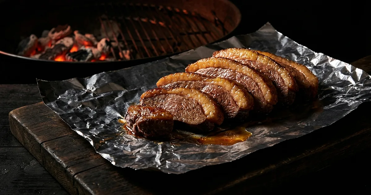 Fatias grossas de picanha com capa de gordura sobre folha de papel-alumínio aberta em tábua de madeira, com brasas acesas ao fundo