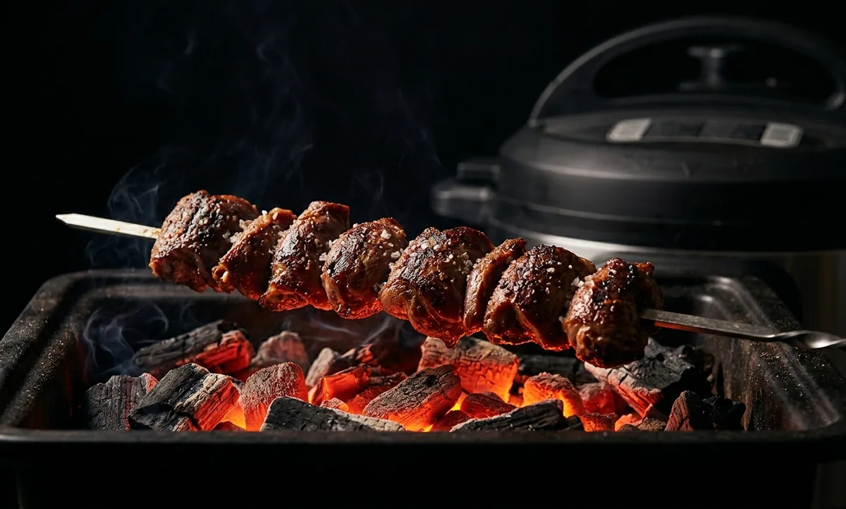 Moelas de frango douradas atravessadas em espeto de metal sobre brasa forte, com sal grosso na crosta