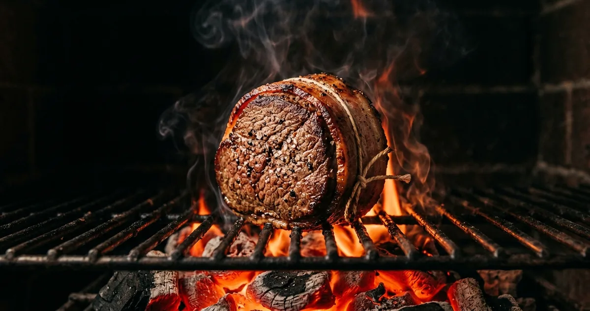 Medalhões de carne amarrados com tira de bacon e barbante de algodão sobre brasa vermelha