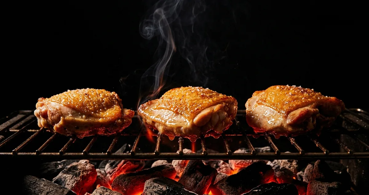 Sobrecoxas de frango com a pele dourada em contato com a grelha sobre brasa vermelha