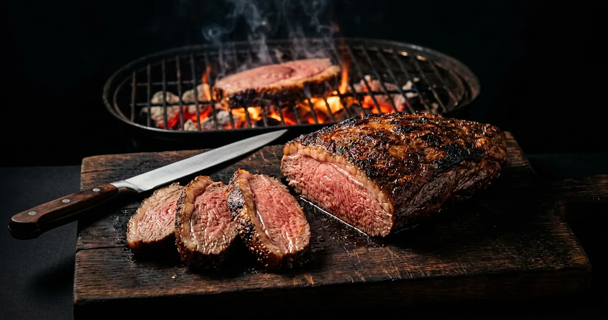 Picanha fatiada na tábua com uma fatia solta voltando à grelha sobre brasa vermelha