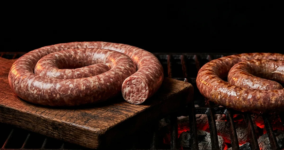 Rolo de linguiça fresca em tábua de madeira com pontinhos brancos de gordura sob a tripa e a ponta cortada à mostra