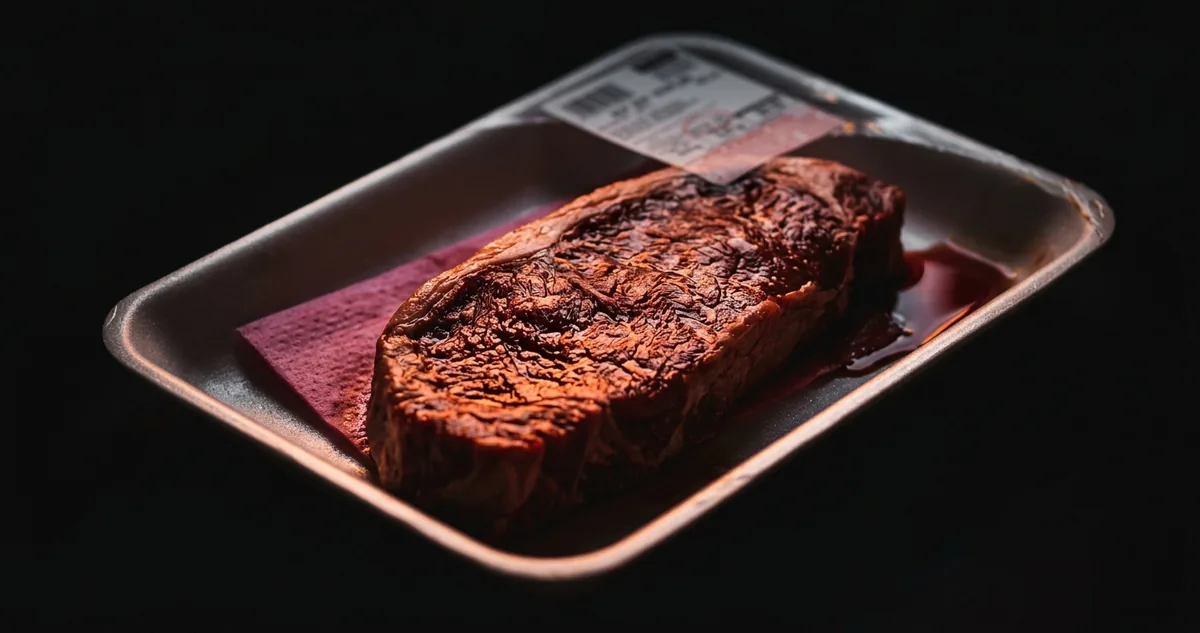 Bandeja de isopor inclinada com peça de contrafilé, absorvente rosado saturado embaixo da carne e poça vermelha correndo no canto