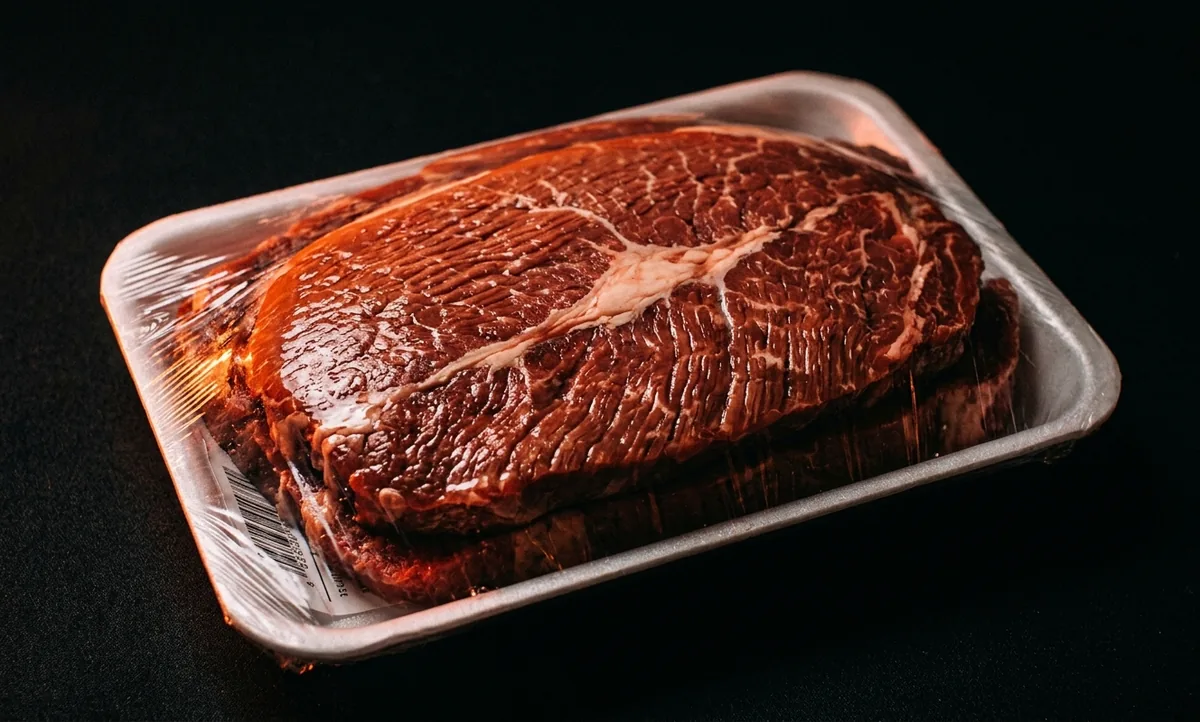 Bandeja de bifes fatiados com fibras grossas atravessando a fatia inteira e um nervo esbranquiçado cortando o meio do bife de cima