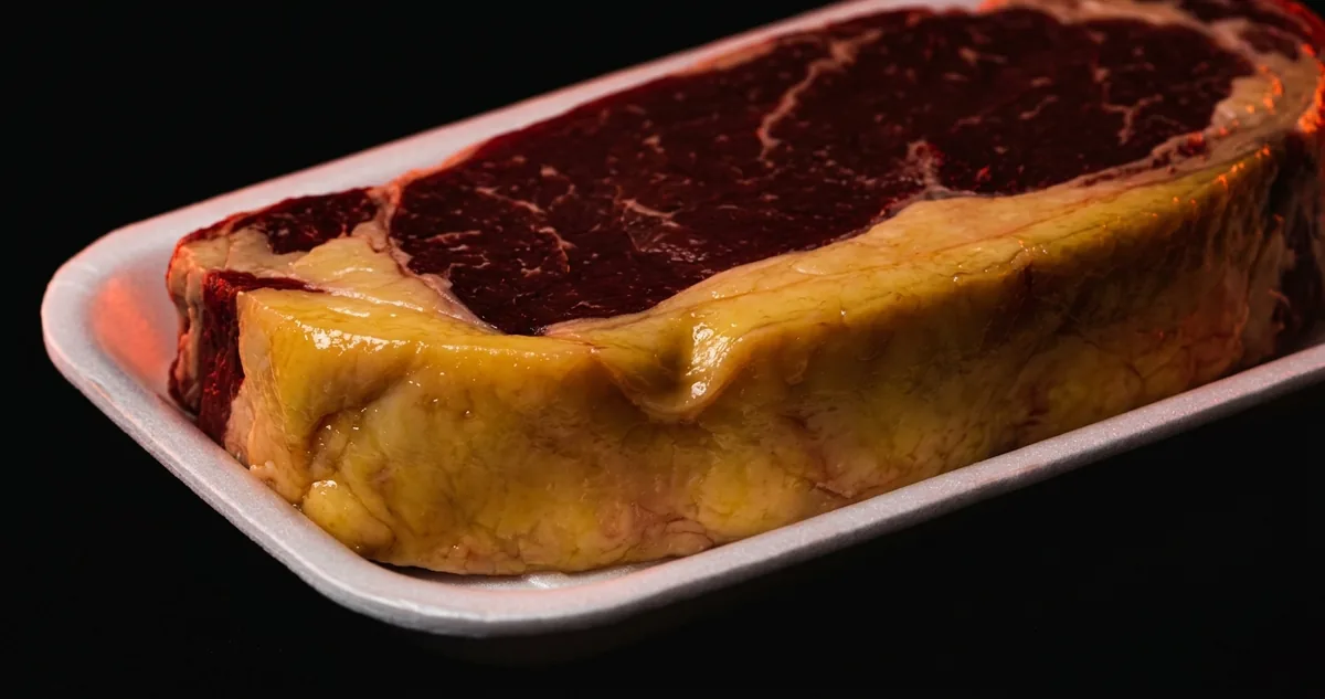 Peça de carne crua sobre bandeja branca de isopor com capa de gordura amarelo-gema brilhante e miolo vermelho escuro sem marmoreio