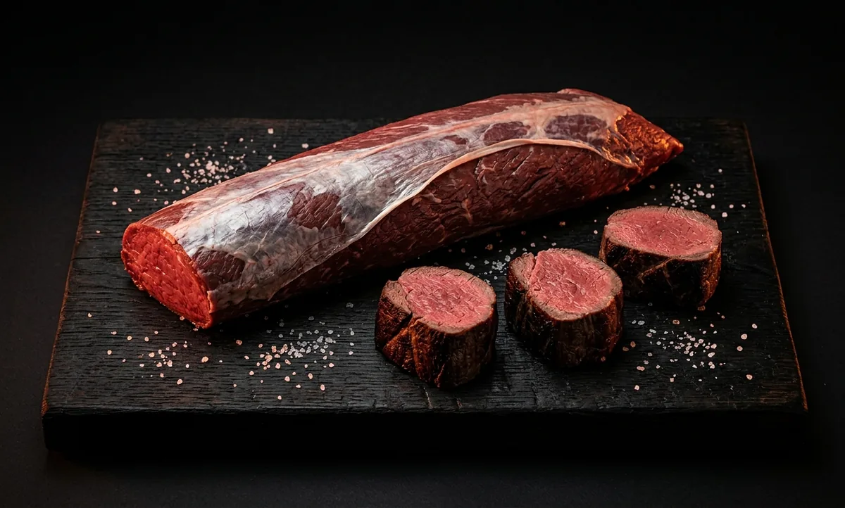 Rolo inteiro de carne crua alongada sobre tábua escura ao lado de três medalhões grossos com crosta selada e miolo rosado