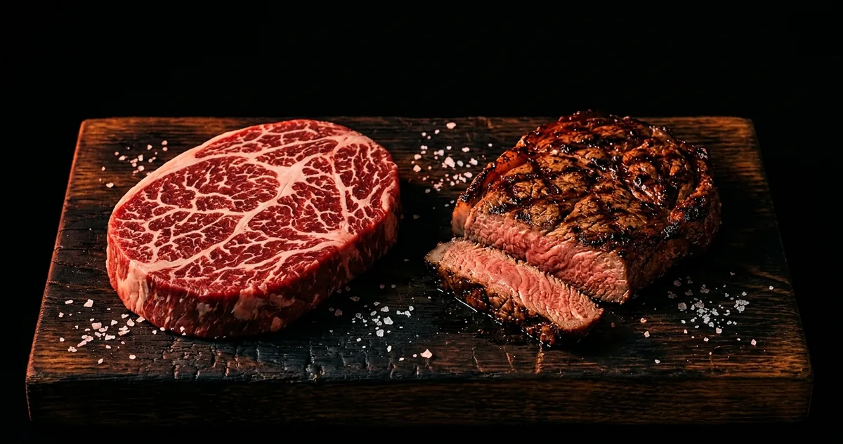 Bife oval de aranha cru com desenho de teia de gordura na superfície ao lado de outro já selado na brasa