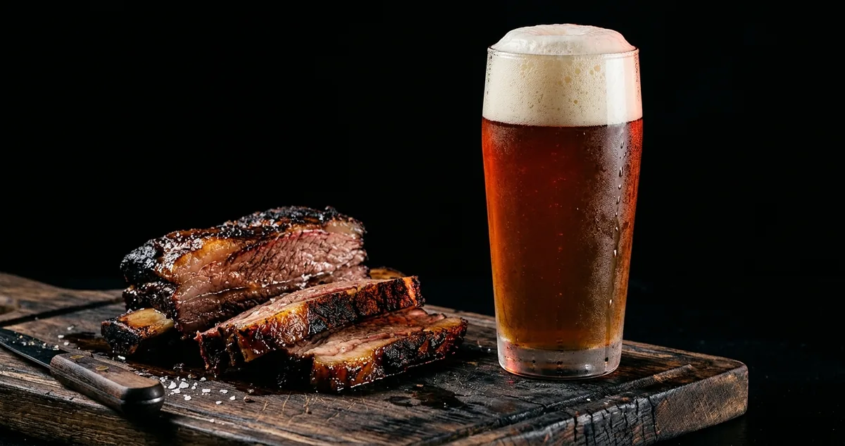 Copo de cerveja âmbar com colarinho alto ao lado de costela fatiada com gordura brilhante na tábua