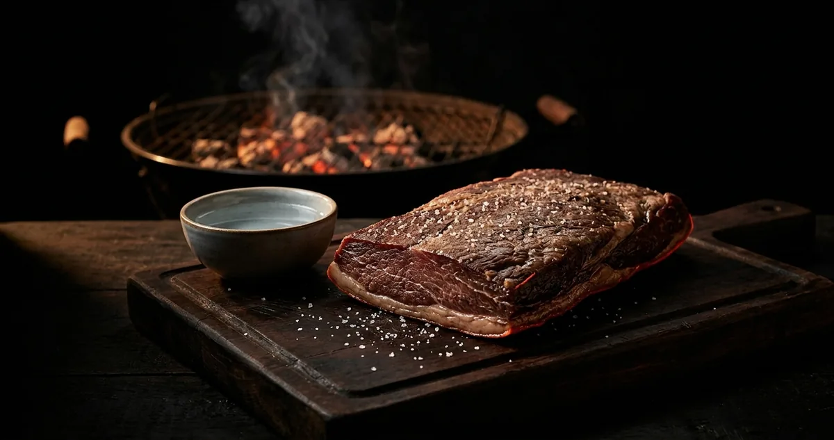 Manta de carne de sol sobre tábua de madeira ao lado de uma tigela de água limpa, com brasa acesa ao fundo