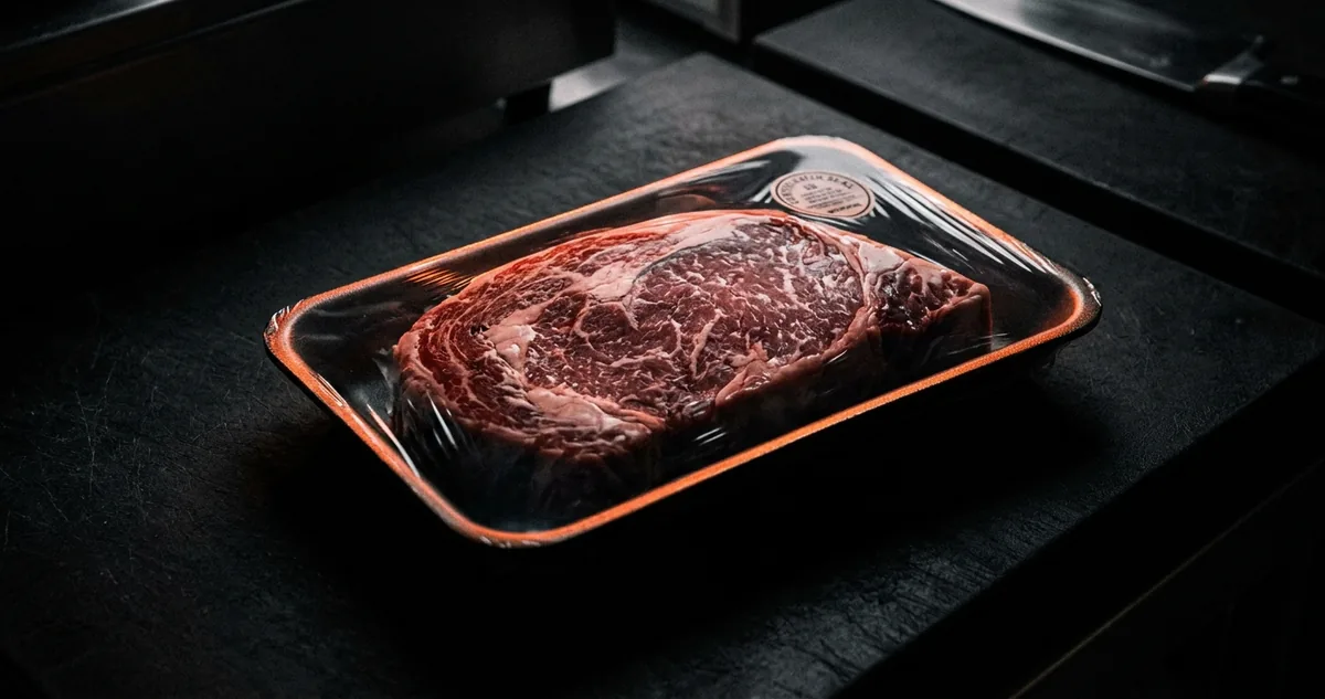 Bandeja de carne bovina lacrada com filme e um selo de certificação colado no canto