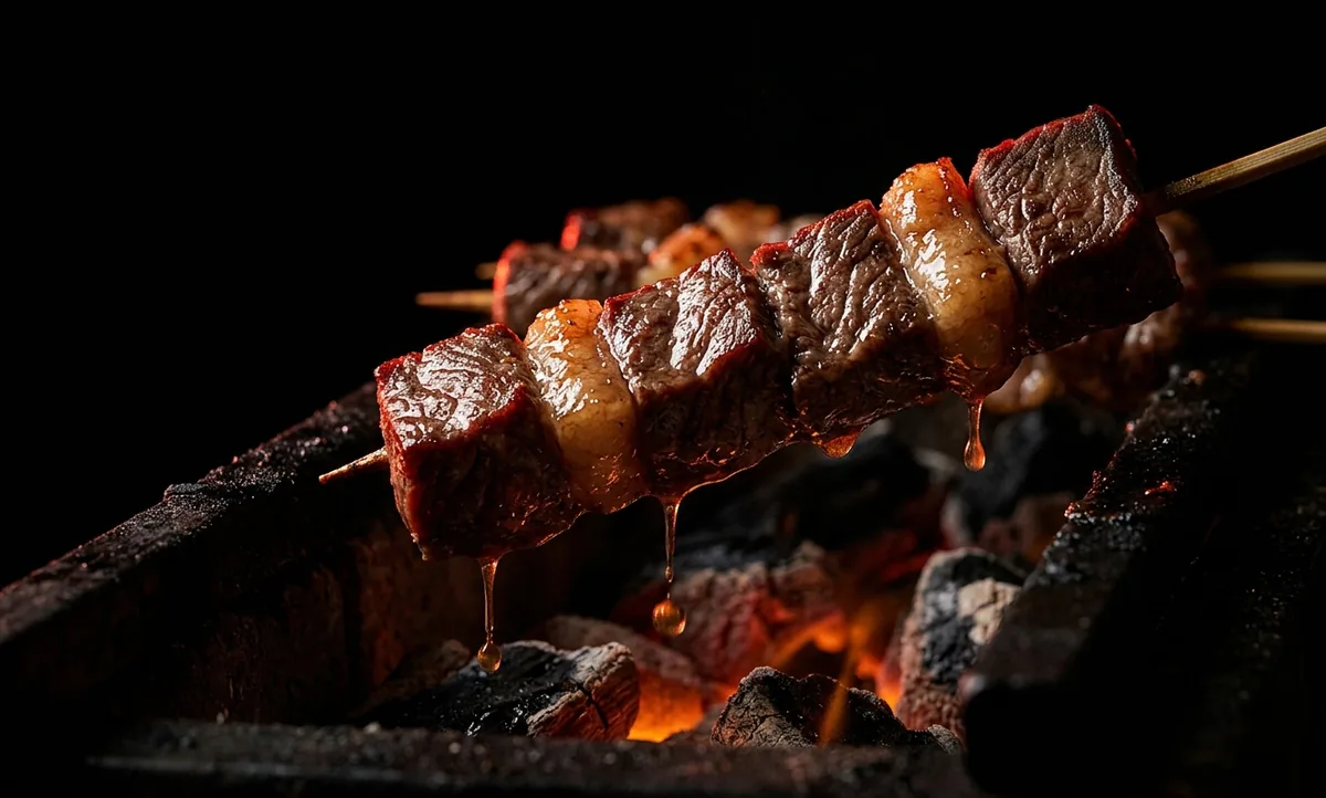 Espetinhos de carne com cubos de gordura intercalados sobre brasa acesa