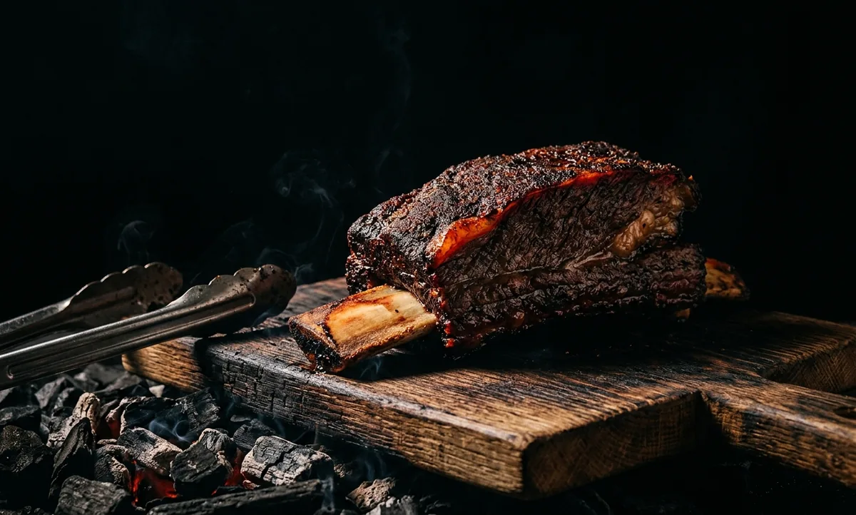 Costela assada com um osso recuado da carne sobre tábua ao lado da brasa