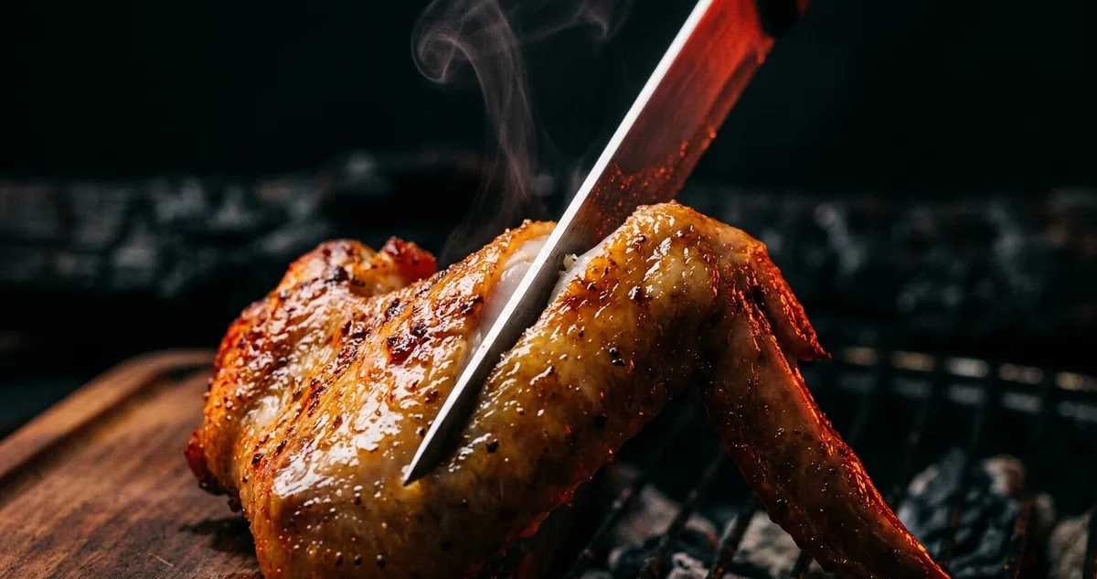 Asa de frango separada em coxinha, meio e ponta sobre tábua de madeira com faca ao lado e brasa ao fundo