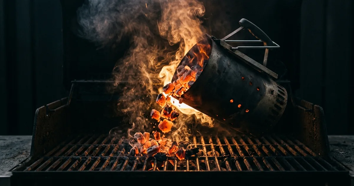 Gaveta de cinza aberta sob churrasqueira de alvenaria, cheia de cinza cinzenta, com pá pequena de metal e balde galvanizado ao lado e brasa acesa ao fundo
