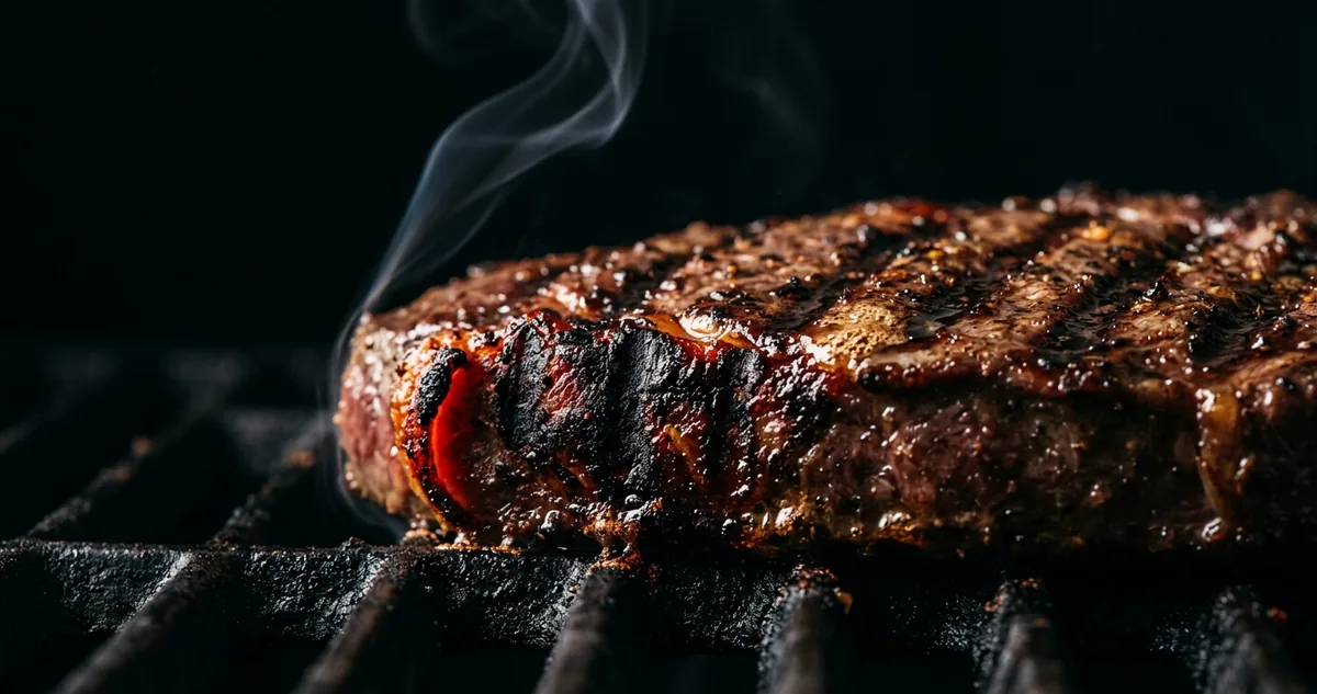 Rodelas de abacaxi maduro amassadas numa tigela de marinada com peça de fraldinha crua ao lado, relógio de cozinha marcando trinta minutos e brasa acesa ao fundo