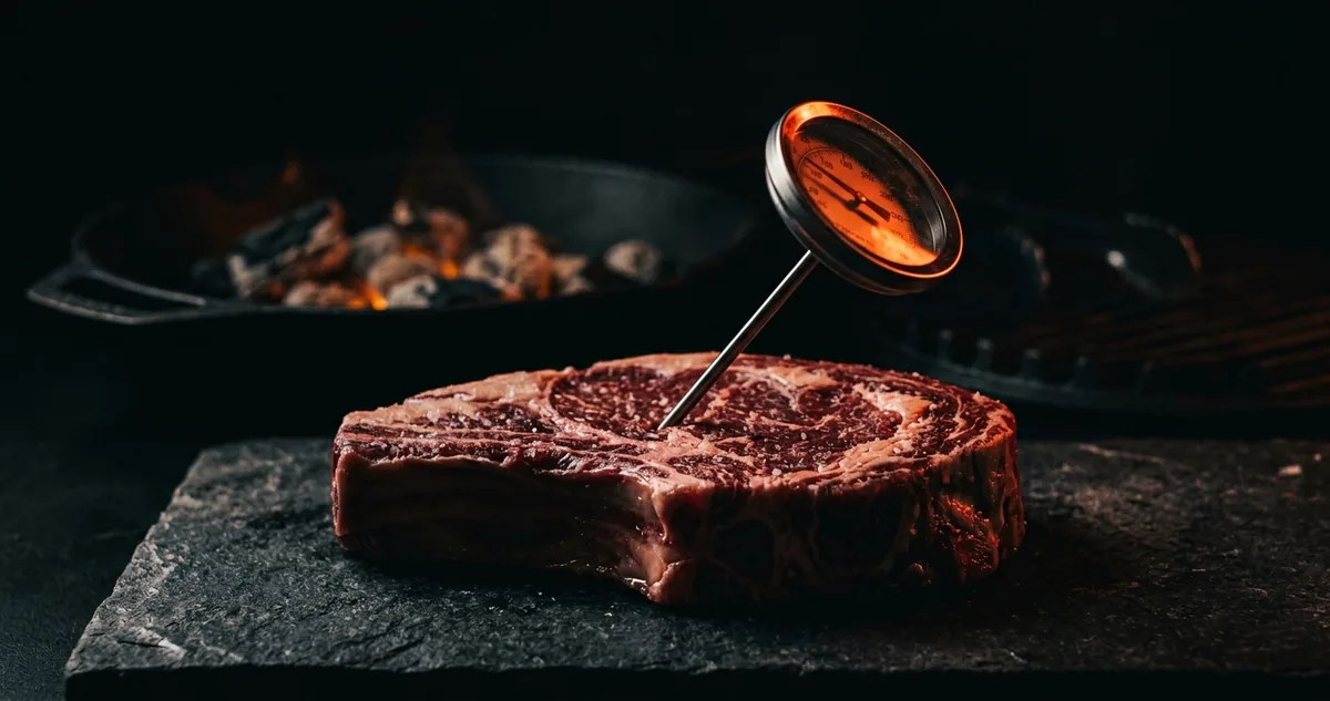 Moedor de pimenta do reino e tigela de sal grosso sobre bancada de pedra ao lado de uma peça de carne crua, com grãos moídos espalhados e brasa acesa ao fundo