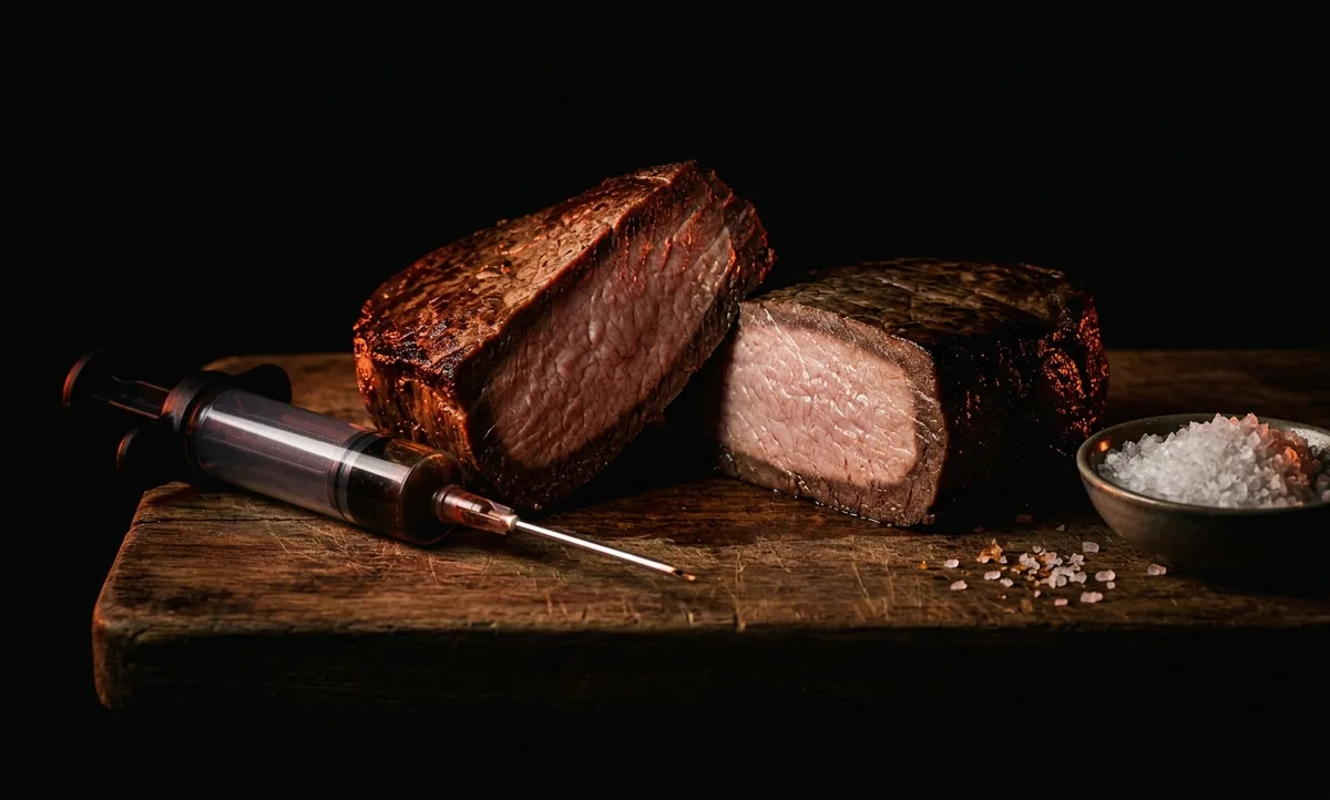 Bife grosso cortado ao meio numa t&aacute;bua, com a marinada escura s&oacute; na borda e o centro claro, ao lado de uma seringa de inje&ccedil;&atilde;o e sal grosso