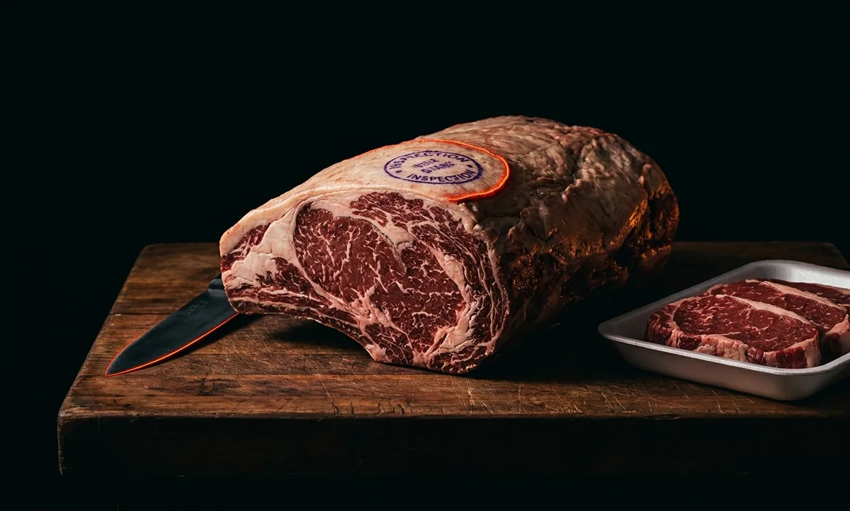 Peça inteira de carne numa tábua de açougue com um carimbo oval roxo na capa de gordura, ao lado de uma faca e de uma bandeja de bifes fatiados
