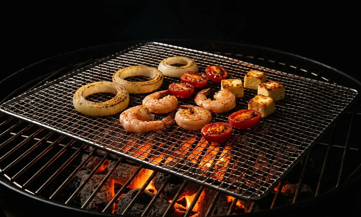 Tela fina de inox apoiada sobre a grelha com camarão, cebola, tomate e queijo coalho
