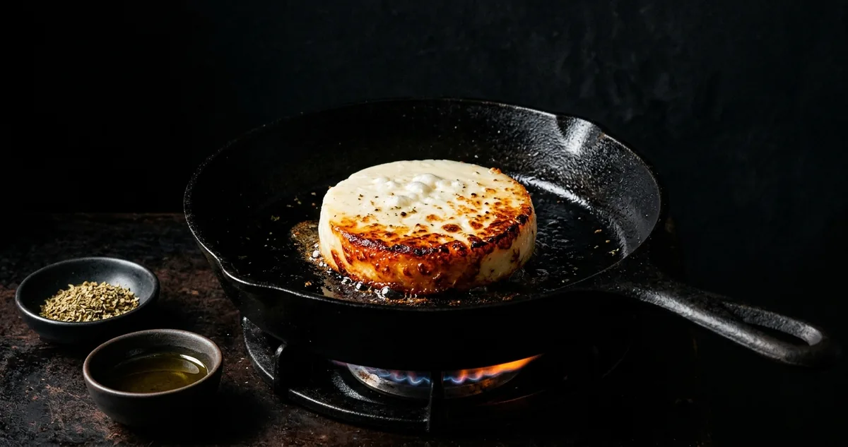 Rodela grossa de provolone dourando numa frigideira de ferro preta, com orégano seco e azeite ao lado