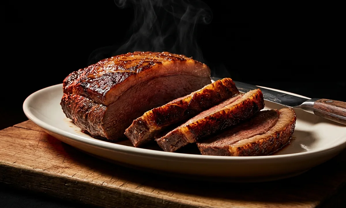 Fatias de picanha brilhando sobre travessa de cerâmica clara aquecida, com faca e tábua de madeira ao lado