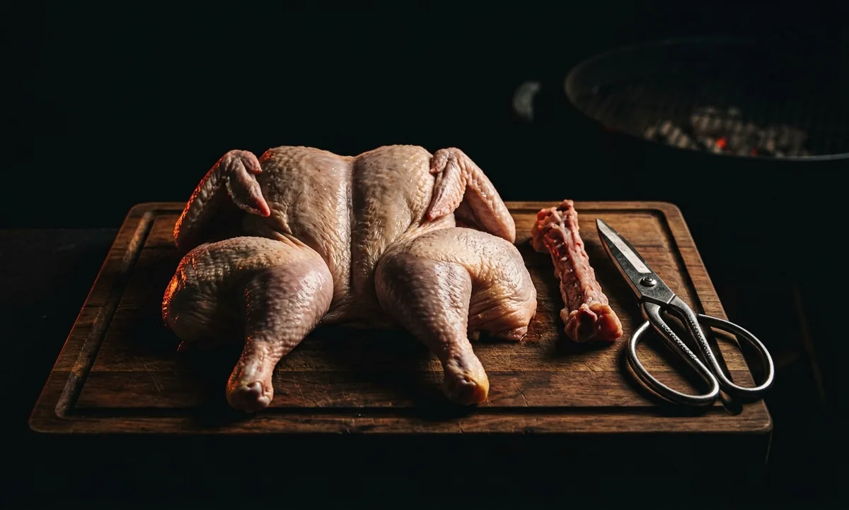 Frango inteiro aberto em borboleta e achatado numa tábua, com tesoura de cozinha e a espinha retirada ao lado
