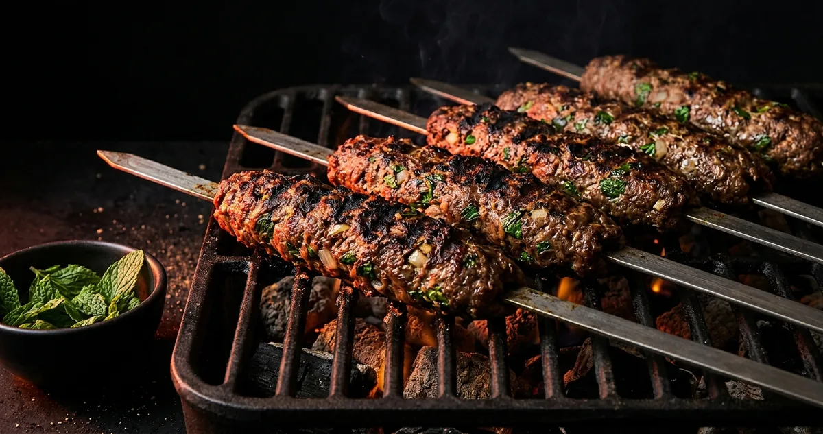 Espetos de kafta de carne moída com hortelã dourando sobre a brasa, com folhas de hortelã ao lado