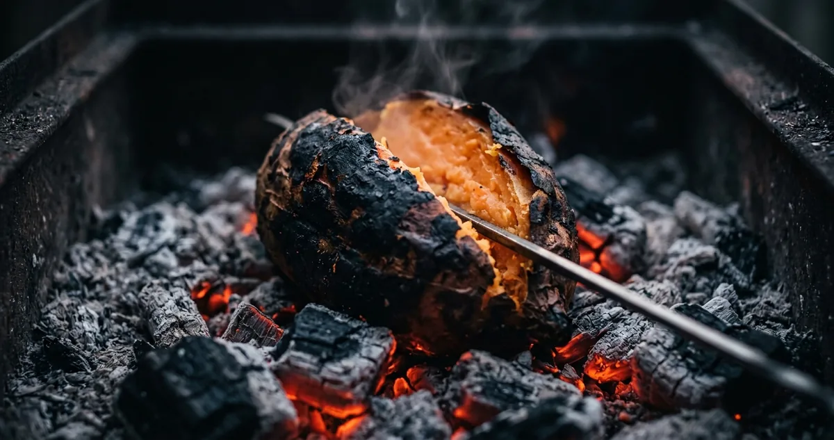 Batata-doce de casca queimada aberta na cinza da churrasqueira, polpa laranja fumegando