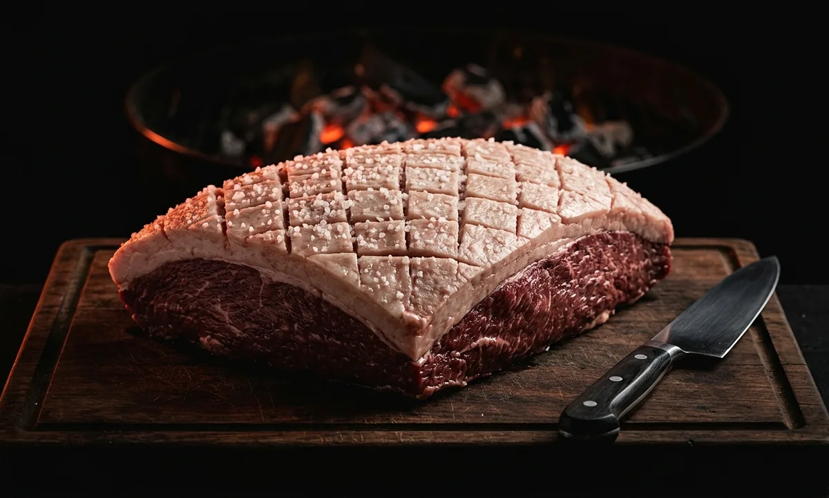 Picanha crua com a capa de gordura riscada em losangos e sal grosso nas frestas