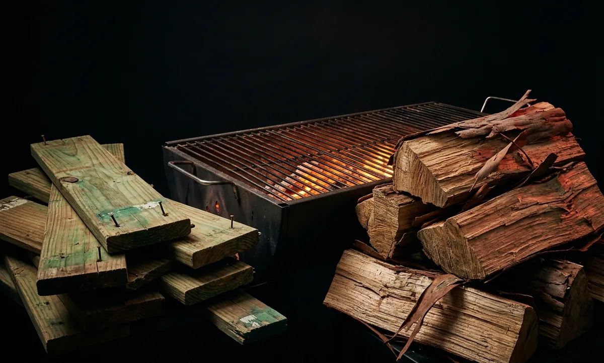 Tábuas esverdeadas de madeira tratada separadas de toras secas de eucalipto ao lado da churrasqueira