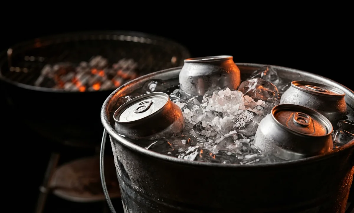 Latas mergulhadas num balde de água com gelo e sal grosso, com a churrasqueira acesa ao fundo