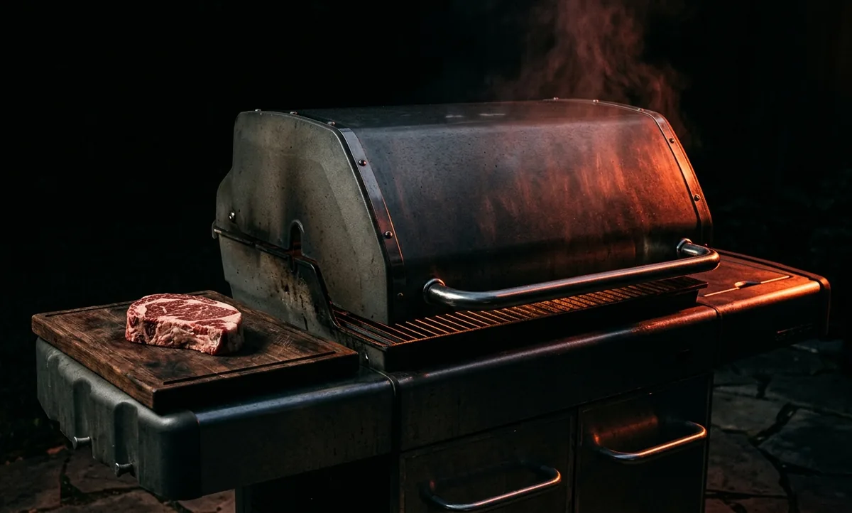 Churrasqueira a gás de inox com a tampa fechada, vapor quente saindo pela fresta e um bife cru numa tábua ao lado