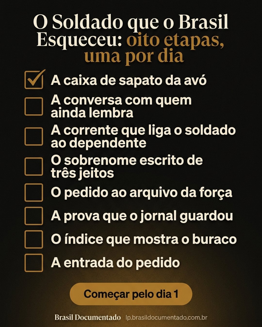 O Soldado que o Brasil Esqueceu: oito etapas, uma por dia: A caixa de sapato da avó, A conversa com quem ainda lembra, A corrente que liga o soldado ao dependente, O sobrenome escrito de três jeitos, O pedido ao arquivo da força, A prova que o jornal guardou, O índice que mostra o buraco, A entrada do pedido. Começar pelo dia 1.