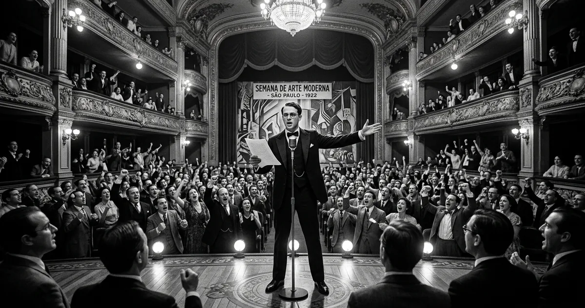 Plateia de casaca e camarote lotado no Theatro Municipal de São Paulo em noite de sessão, em 1922, vista do fundo da sala.