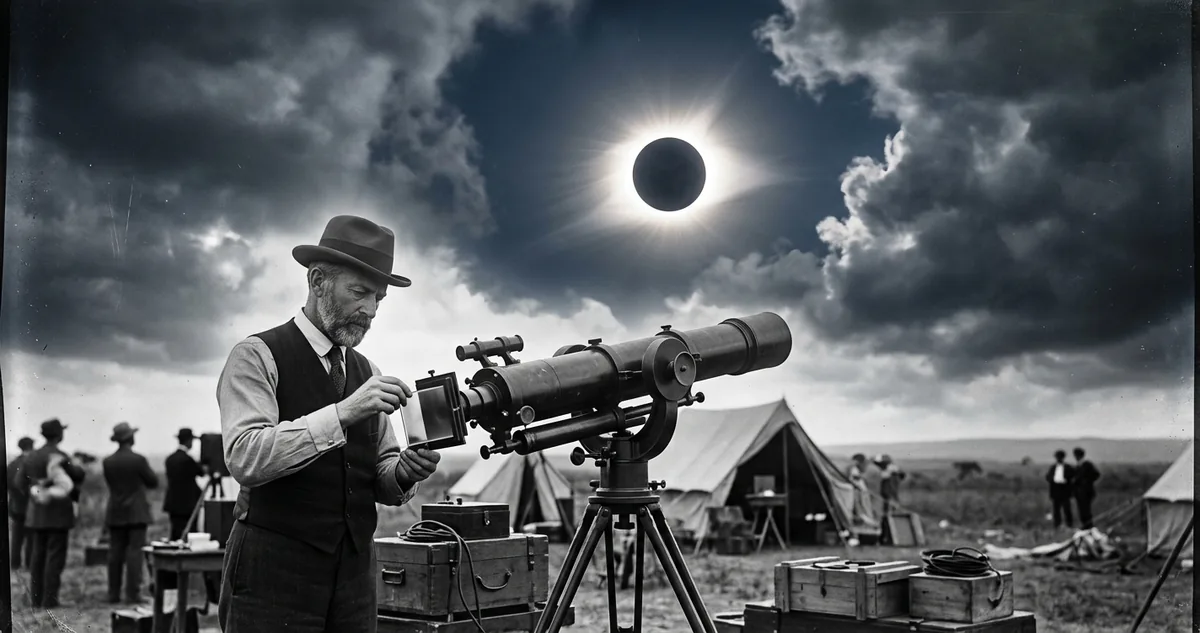 Telescópios e espelhos montados no terreno do Jockey Club de Sobral, no Ceará, na manhã do eclipse total de 29 de maio de 1919.
