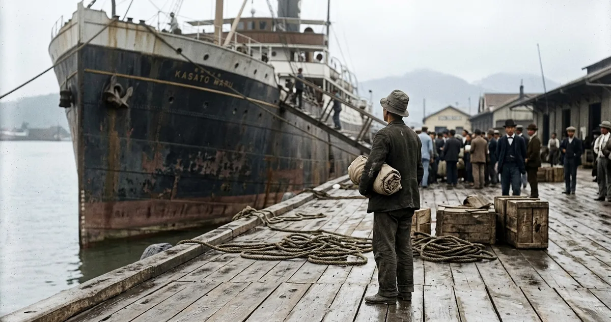 O vapor Kasato Maru atracado no cais do armazém 14, no porto de Santos, na manhã de 18 de junho de 1908, com as malas dos imigrantes japoneses em terra.