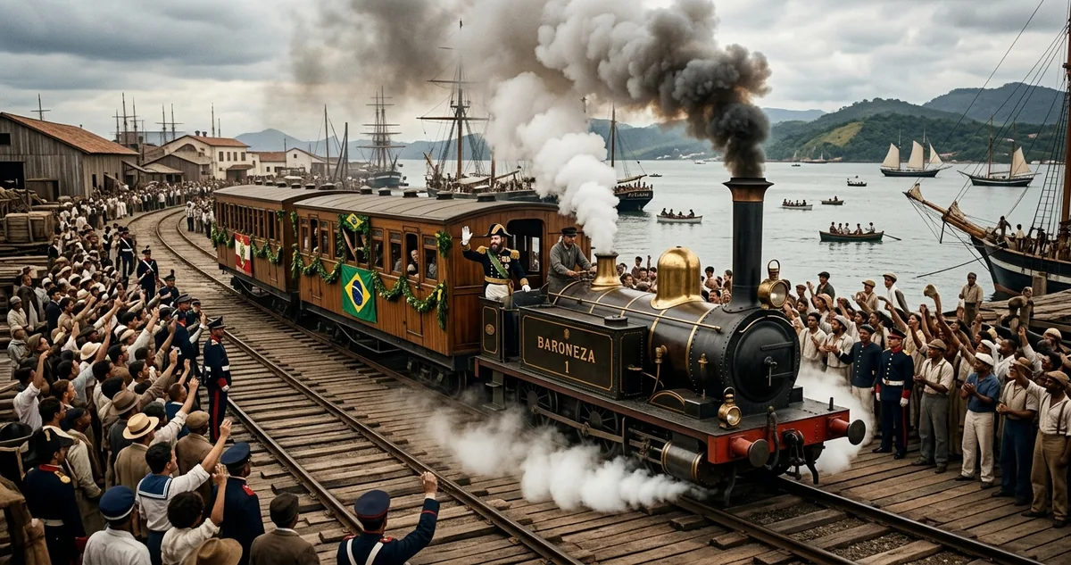 Locomotiva a vapor parada junto ao cais do porto de Mauá, no fundo da baía de Guanabara, na manhã de 30 de abril de 1854.