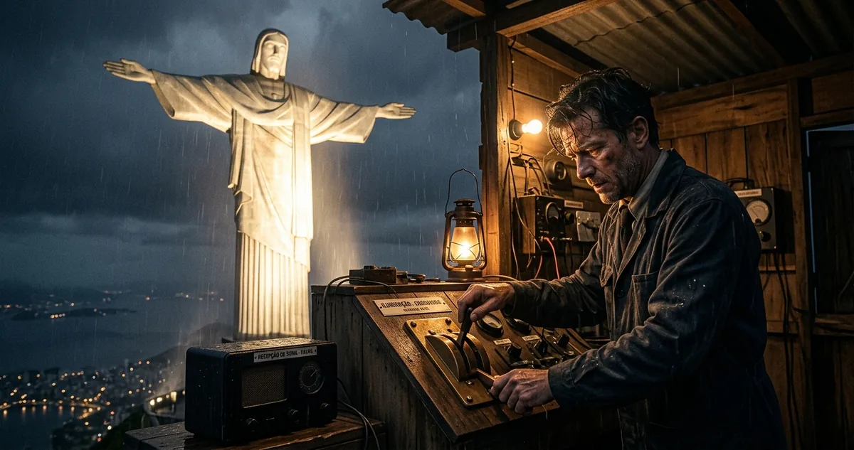 A estátua do Cristo Redentor iluminada por holofotes no alto do Corcovado, sob neblina, na noite de 12 de outubro de 1931.