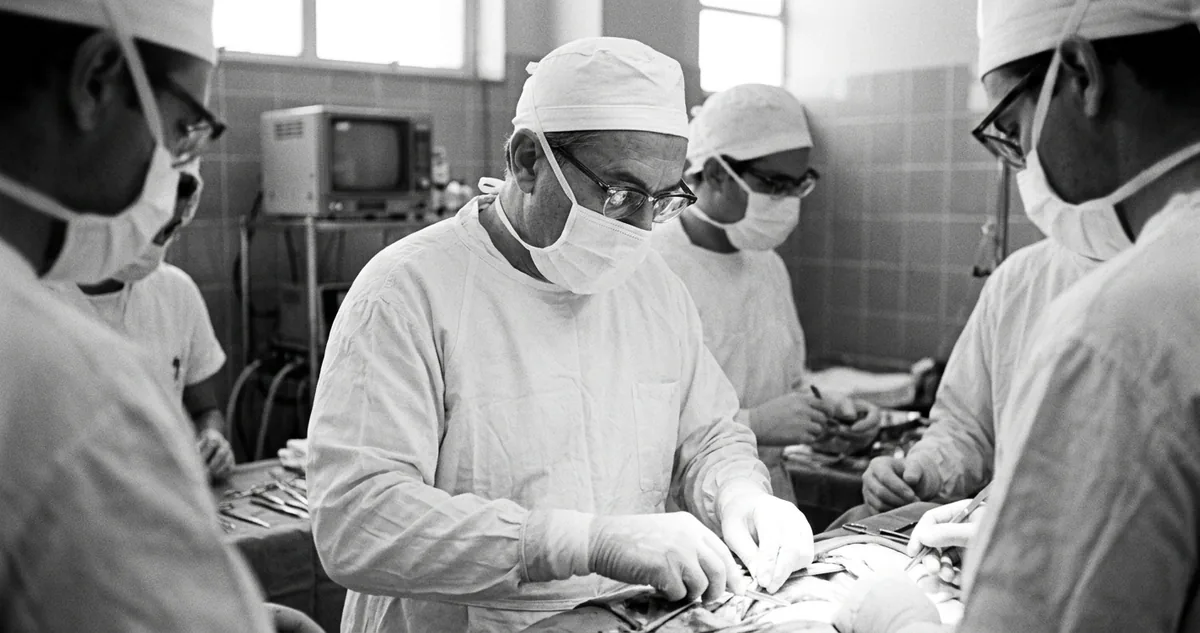 Centro cirúrgico do Hospital das Clínicas de São Paulo na madrugada de 26 de maio de 1968, durante o primeiro transplante de coração da América Latina.