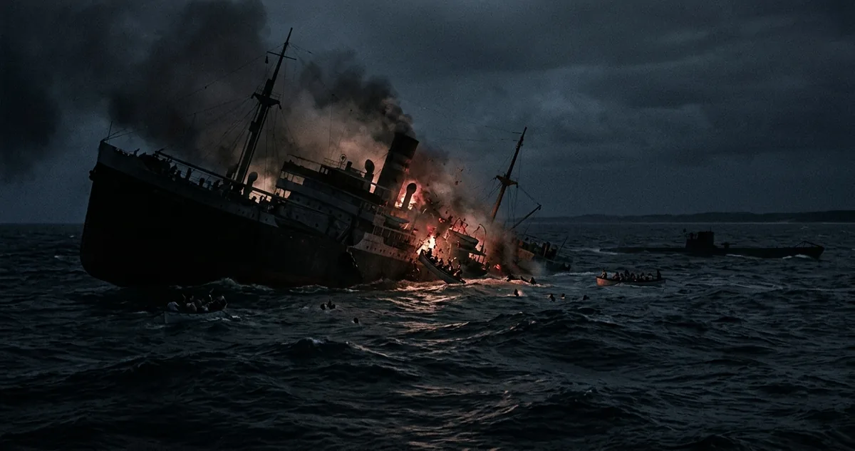 O paquete Baependi navegando ao largo da costa de Sergipe na noite de 15 de agosto de 1942, quando foi torpedeado pelo submarino alemão U-507.