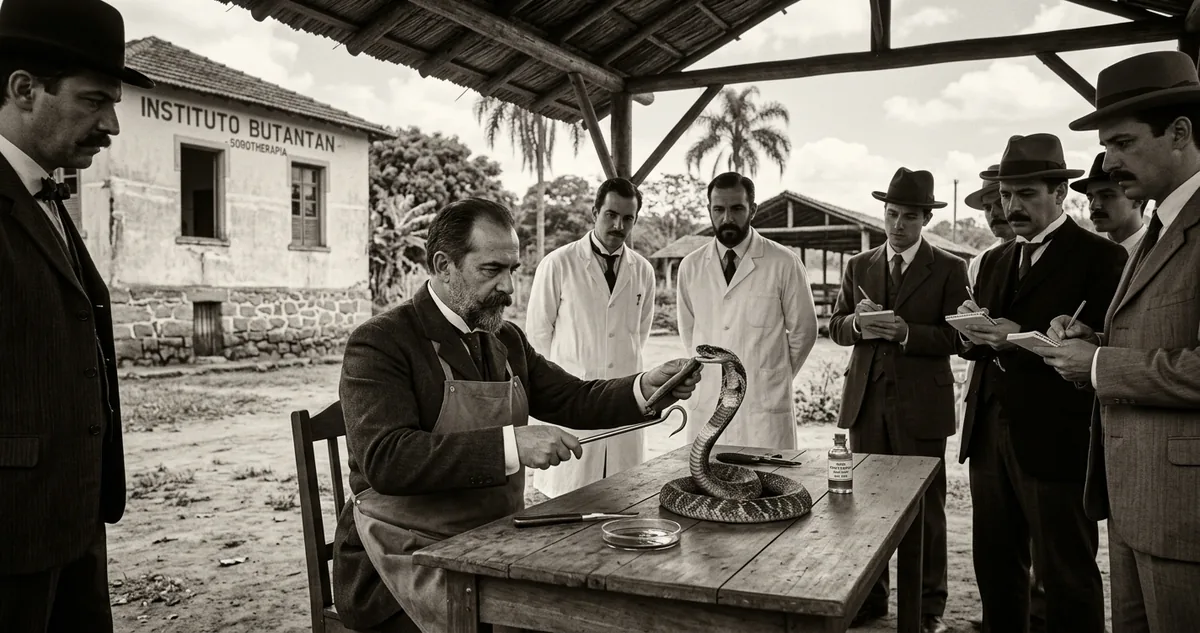 Demonstração pública no Instituto Butantan, em São Paulo, em 9 de setembro de 1901, com soros antiofídicos testados contra venenos de espécies brasileiras.