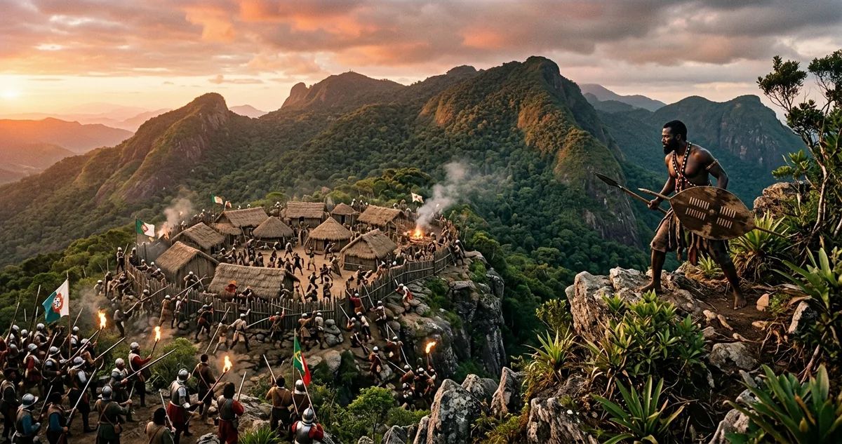 Tropa colonial cerca ao amanhecer o mocambo da Serra Dois Irmãos, em 20 de novembro de 1695.